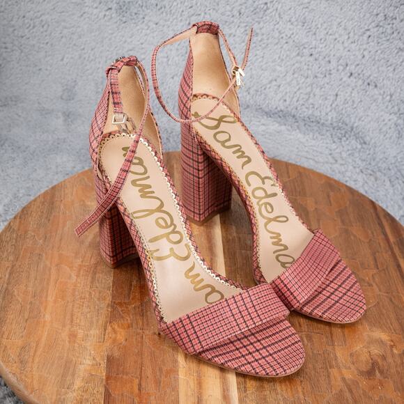 Anthropologie Sandals 8.5 SAM EDELMAN Strappy YARO 4" Heels Strap Pink PLAID - Picture 1 of 5